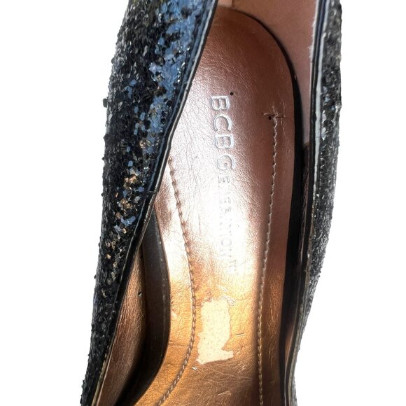 BCBGeneration Women’s Size 7.5B Sequin Black Peep Toe 1.5” Platform 5” Heels Sti - Picture 6 of 11